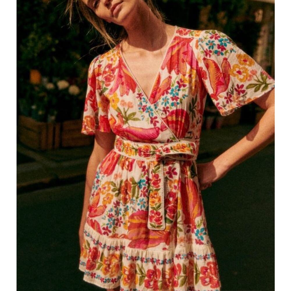 Sezane Farm Rio Mini Kahlhila Dress Size 2 Wrap Tropical NWT